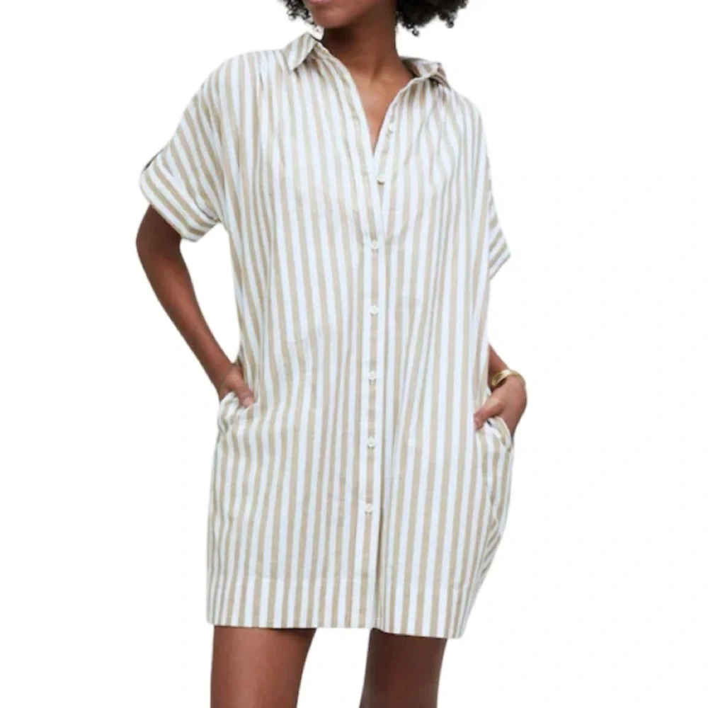 Madewell Collared Button Front Mini Tan Striped Cotton Poplin Shirt Dress XS - Picture 1 of 15